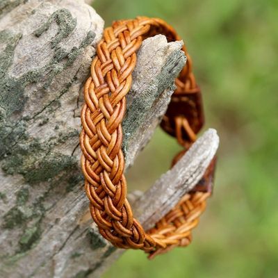 Alternate image for Light Brown Leather Braided Bracelet from Thailand Braided Paths in Light Brown