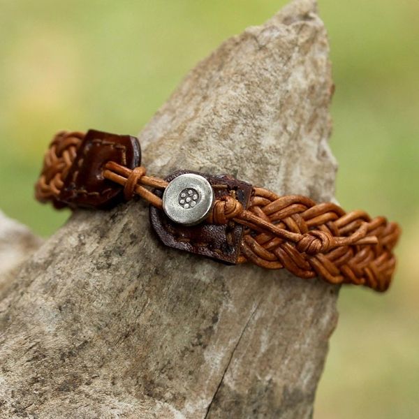 Alternate image for Light Brown Leather Braided Bracelet from Thailand Braided Paths in Light Brown