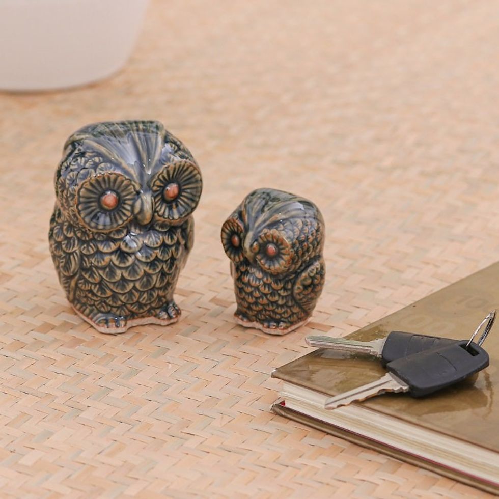 Celadon Ceramic Figurines from Thailand pair 'Little Green Owls'