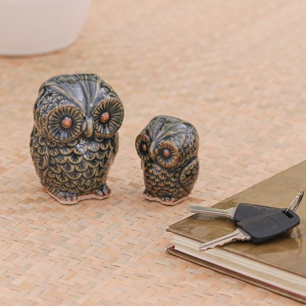 Alternate image for Celadon Ceramic Figurines from Thailand pair Little Green Owls