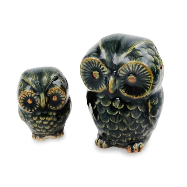 Alternate image for Celadon Ceramic Figurines from Thailand pair Little Green Owls