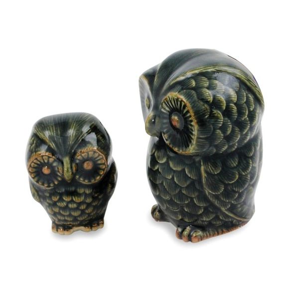 Alternate image for Celadon Ceramic Figurines from Thailand pair Little Green Owls