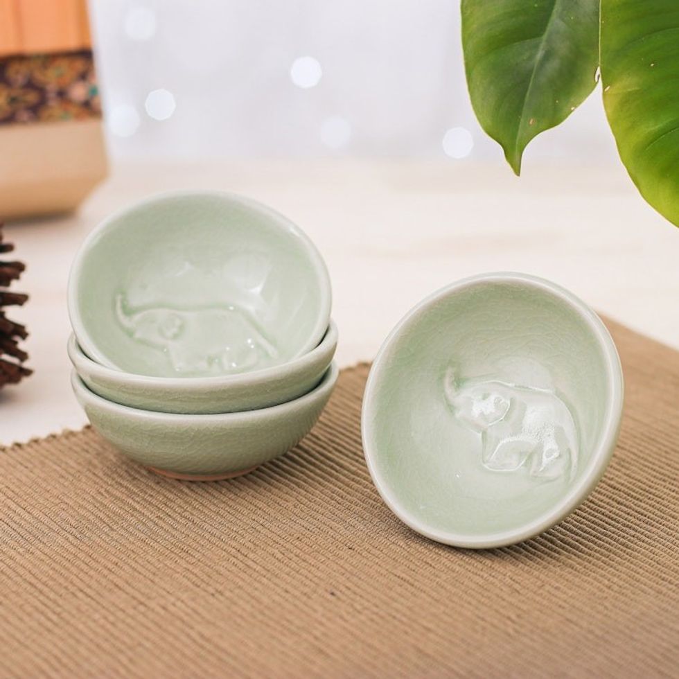 4 Handmade Celadon Ceramic Elephant Condiment Bowls in Green 'Gourmet Elephant'