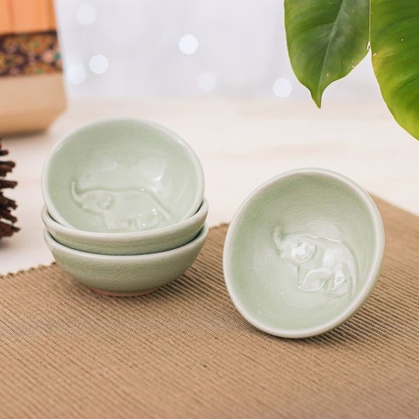 Alternate image for 4 Handmade Celadon Ceramic Elephant Condiment Bowls in Green Gourmet Elephant