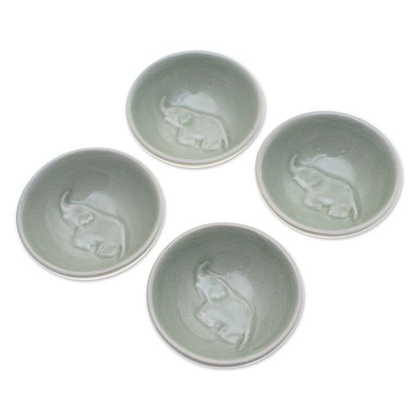 Alternate image for 4 Handmade Celadon Ceramic Elephant Condiment Bowls in Green Gourmet Elephant
