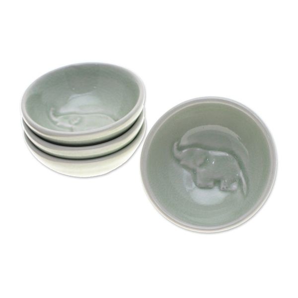 Alternate image for 4 Handmade Celadon Ceramic Elephant Condiment Bowls in Green Gourmet Elephant