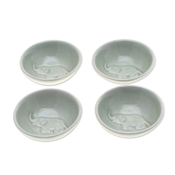 Alternate image for 4 Handmade Celadon Ceramic Elephant Condiment Bowls in Green Gourmet Elephant