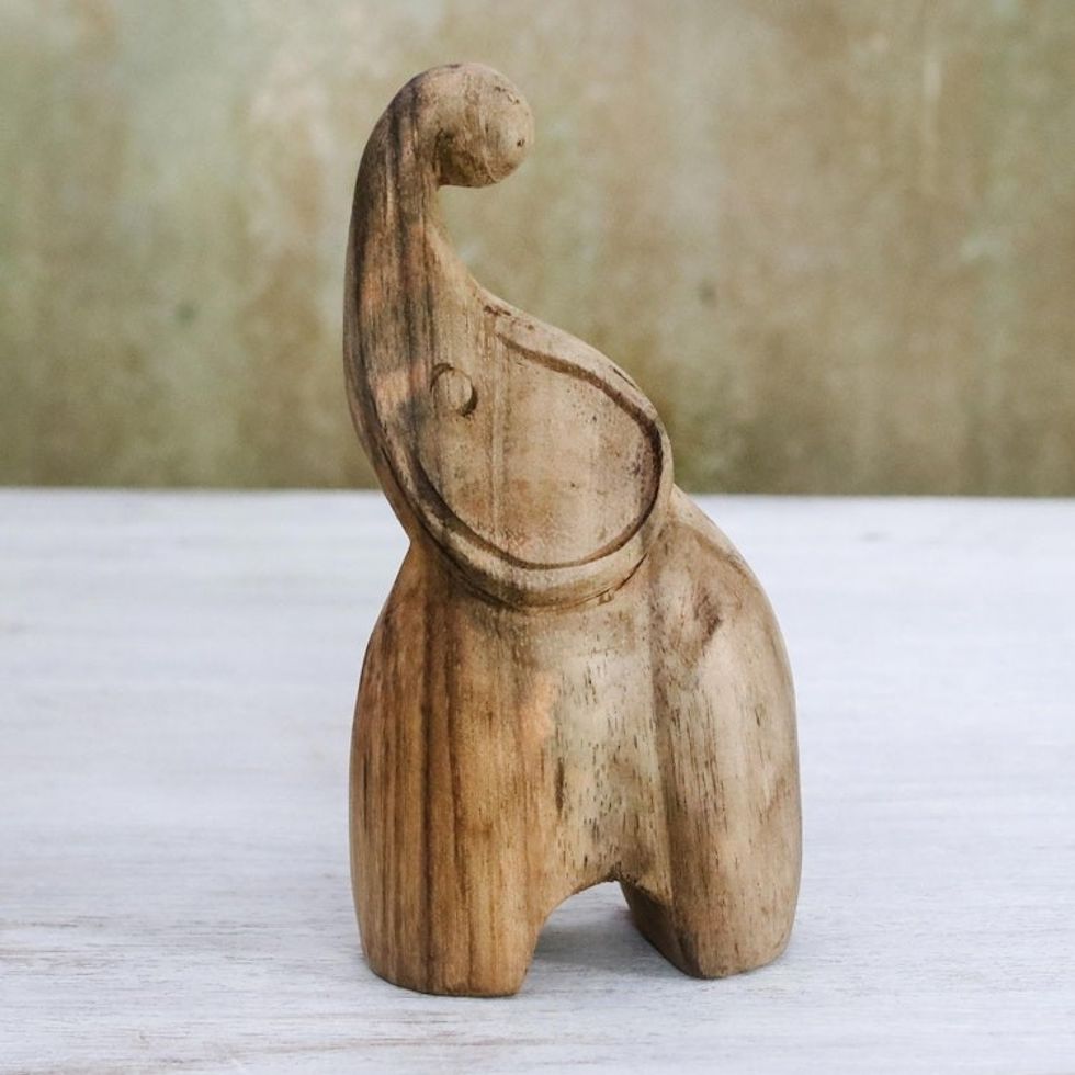 Handmade Raintree Wood Elephant Statuette from Thailand 'Joyful Elephant'