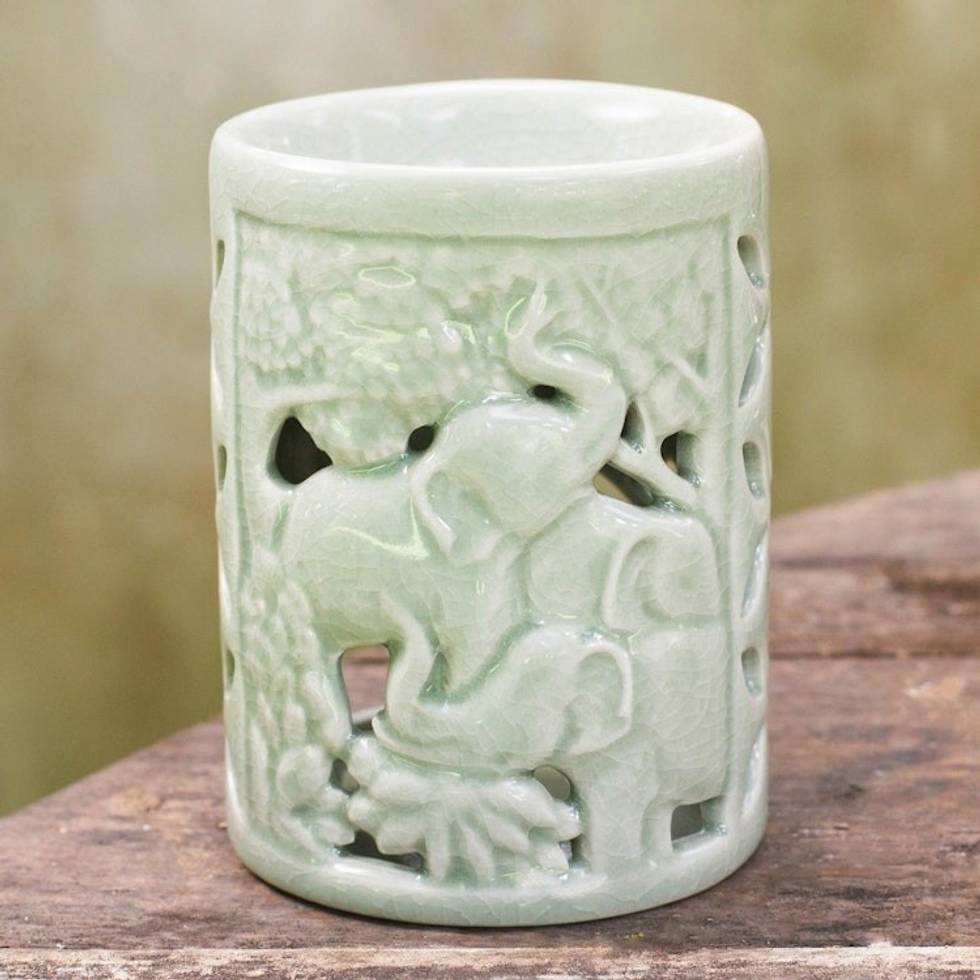 Hand Crafted Ceramic Clay Oil Warmer Thai Green Elephants 'Happy Forest'