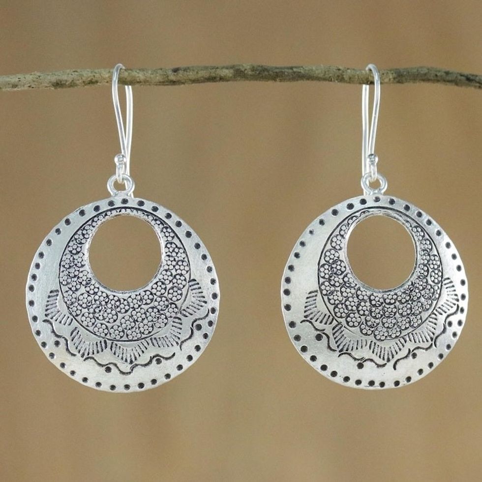 Silver Dangle Earrings with Hill Tribe Motifs 'Hill Tribe Patterns'