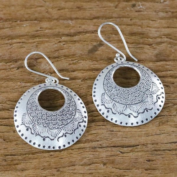 Alternate image for Silver Dangle Earrings with Hill Tribe Motifs Hill Tribe Patterns