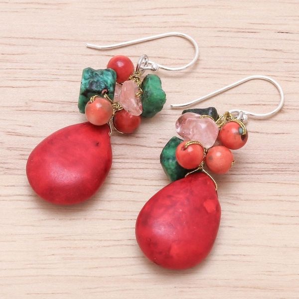 Alternate image for Multi-Gemstone Beaded Dangle Earrings Crafted in Thailand Summer Fire