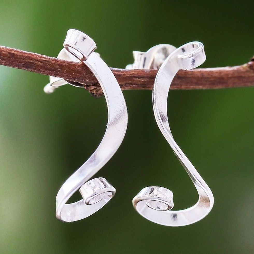 Sterling Silver Ribbon Drop Earrings from Thailand 'Coiling Ribbons'