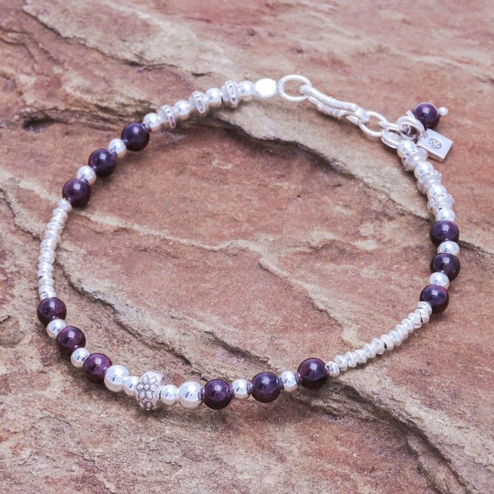 Garnet and Sterling Silver Beaded Bracelet 'Brighter Day in Red'