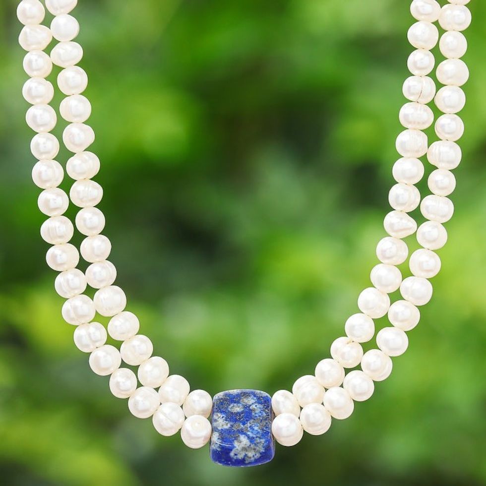 Thai Cultured Pearl and Lapis Lazuli Beaded Pendant Necklace 'Lapis Lazuli Aura'