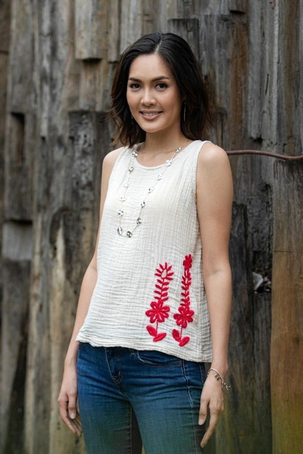 Hand-Embroidered Sleeveless Cotton Blouse 'Flirty Flowers'