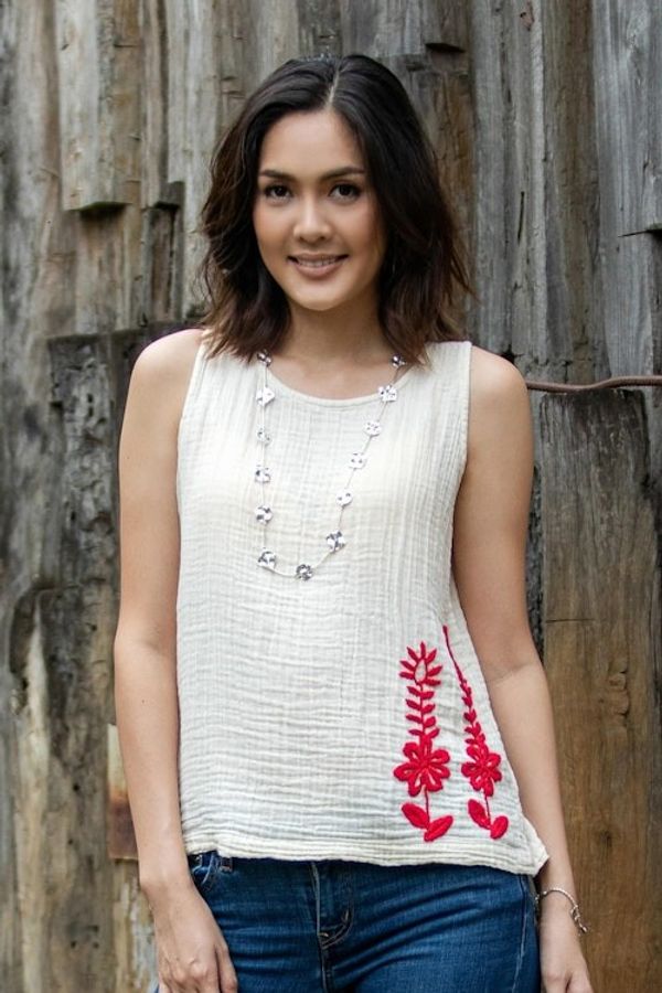 Alternate image for Hand-Embroidered Sleeveless Cotton Blouse Flirty Flowers