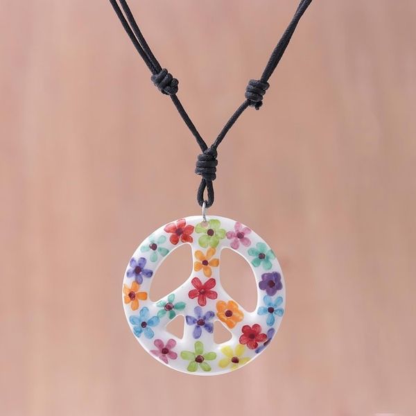 Alternate image for Floral Motif Ceramic Peace Pendant Necklace from Thailand Flower Child