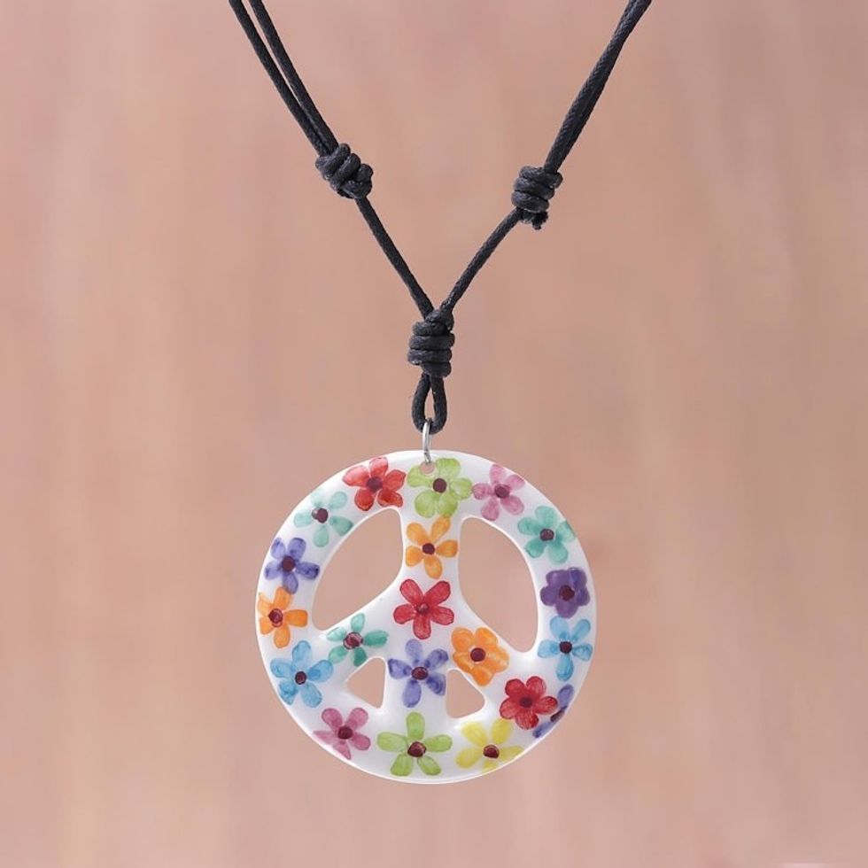 Floral Motif Ceramic Peace Pendant Necklace from Thailand 'Flower Child'