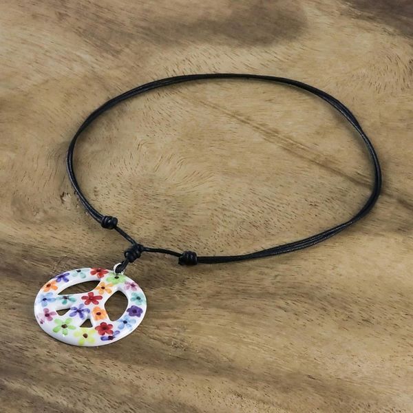 Alternate image for Floral Motif Ceramic Peace Pendant Necklace from Thailand Flower Child