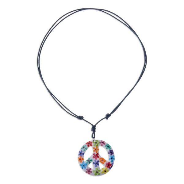Alternate image for Floral Motif Ceramic Peace Pendant Necklace from Thailand Flower Child