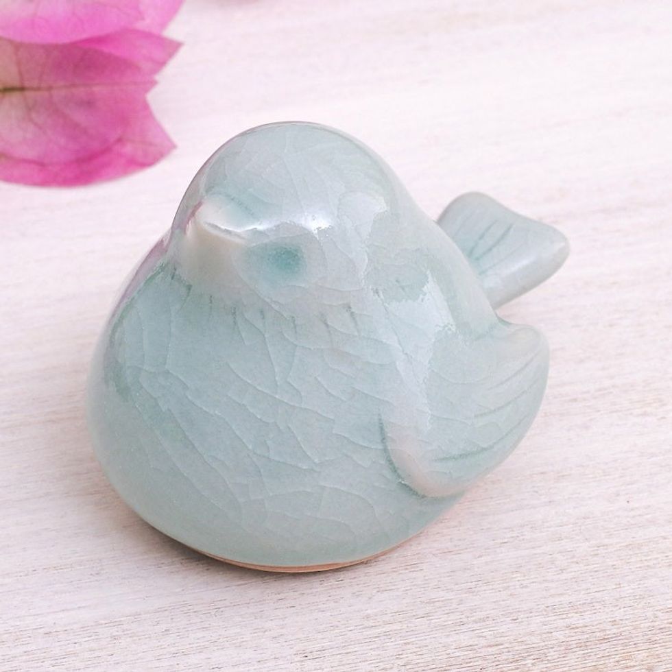 Artisan Crafted Celadon Bird Figurine 'Sweet Robin'