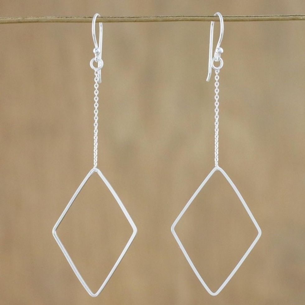 High Polish Sterling Silver Diamond Shaped Dangle Earrings 'Breezy Diamond'