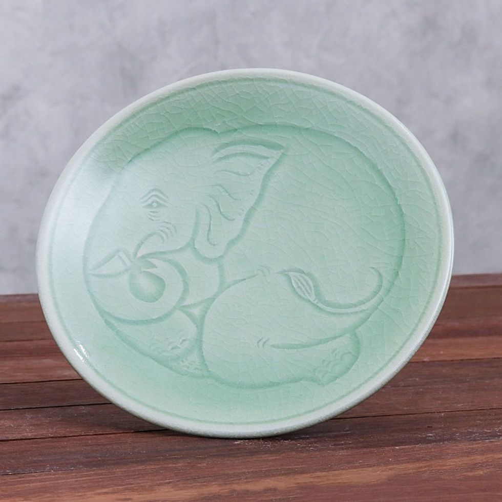 Elephant Motif Handcrafted Thai Celadon Dessert Plate 'Sleeping Elephant'