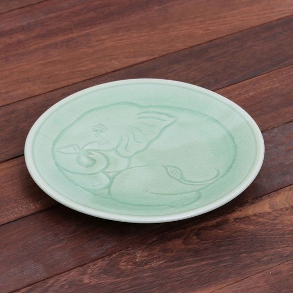 Alternate image for Elephant Motif Handcrafted Thai Celadon Dessert Plate Sleeping Elephant