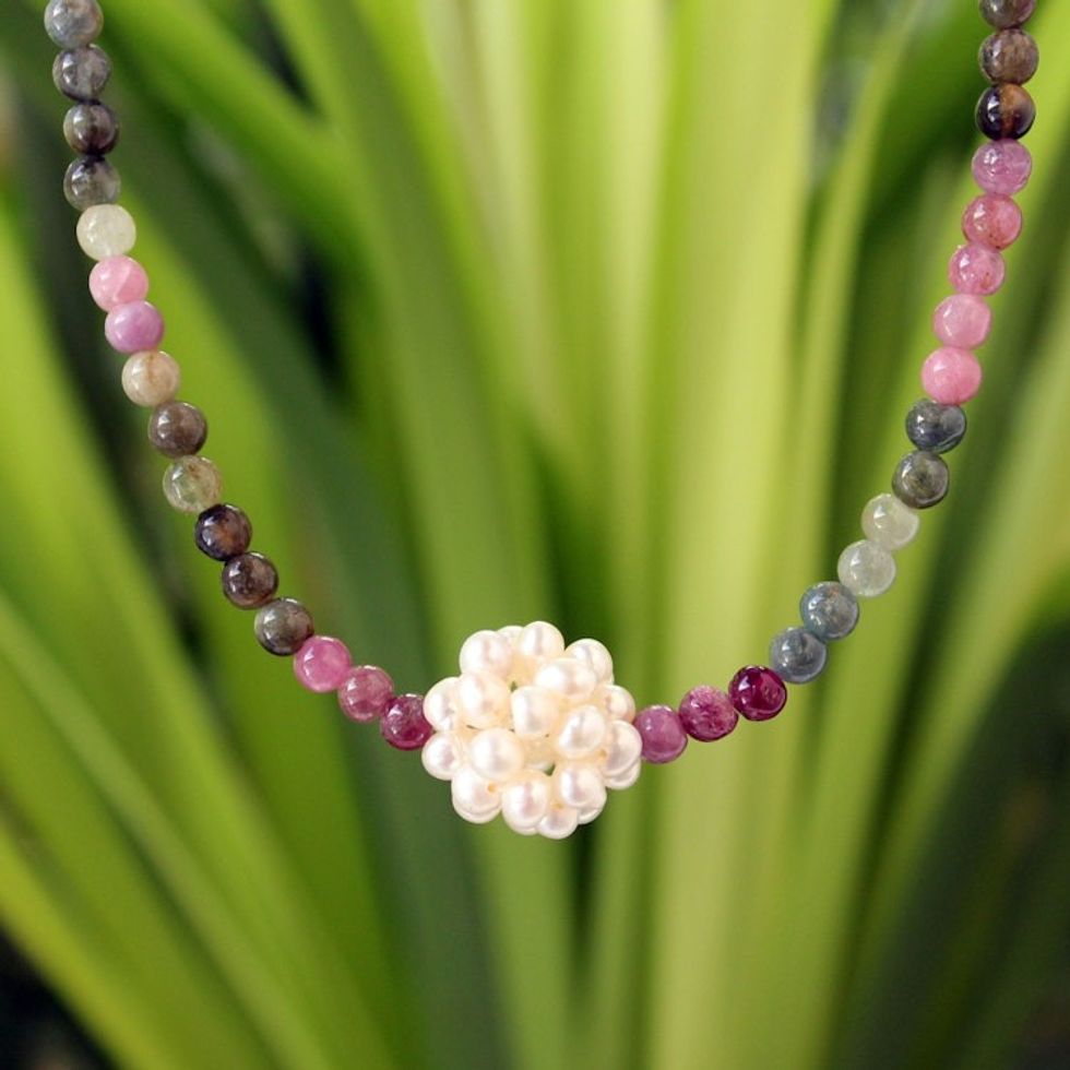 Beaded Tourmaline and Pearl Necklace 'Ivory Chrysanthemum'