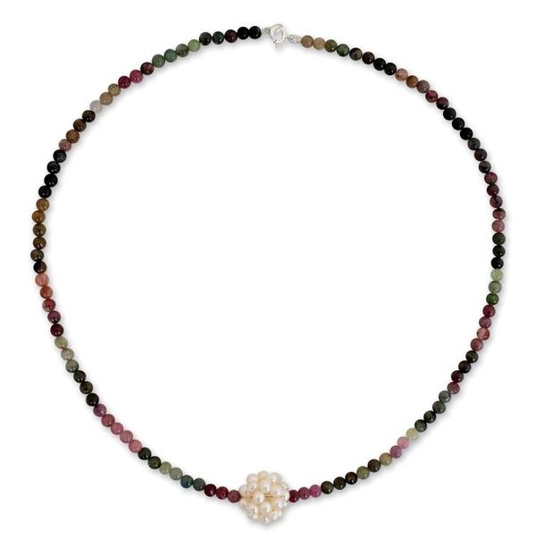 Alternate image for Beaded Tourmaline and Pearl Necklace Ivory Chrysanthemum