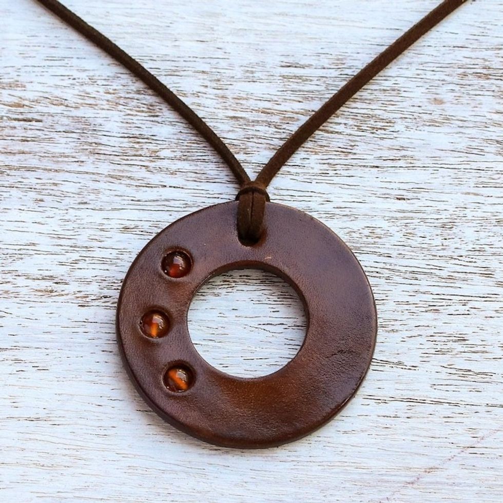 Carnelian and Leather Pendant Necklace from Thailand 'Lucky Ring'