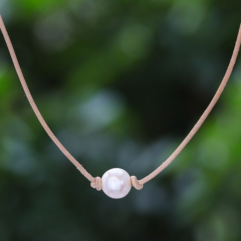 Leather Cord Necklace with Cultured Pearl Pendant and Clasp 'Innocent Soul'