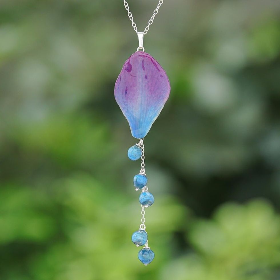 Artisan Crafted Orchid Petal Pendant Necklace 'Bloom Balloon in Blue'