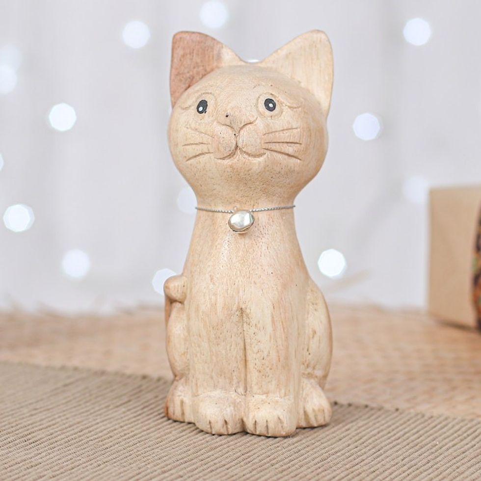 Hand-Carved Raintree Wood Cat Figurine with Aluminum Bell 'Feline Melody'