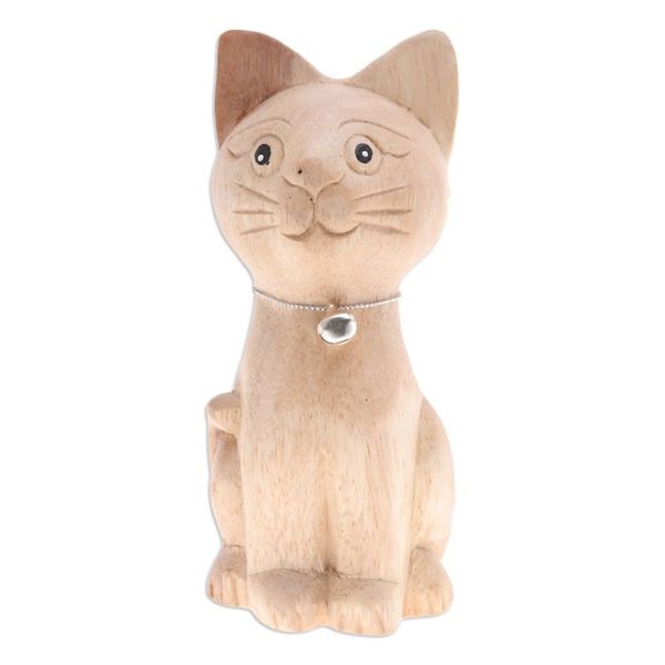 Alternate image for Hand-Carved Raintree Wood Cat Figurine with Aluminum Bell Feline Melody
