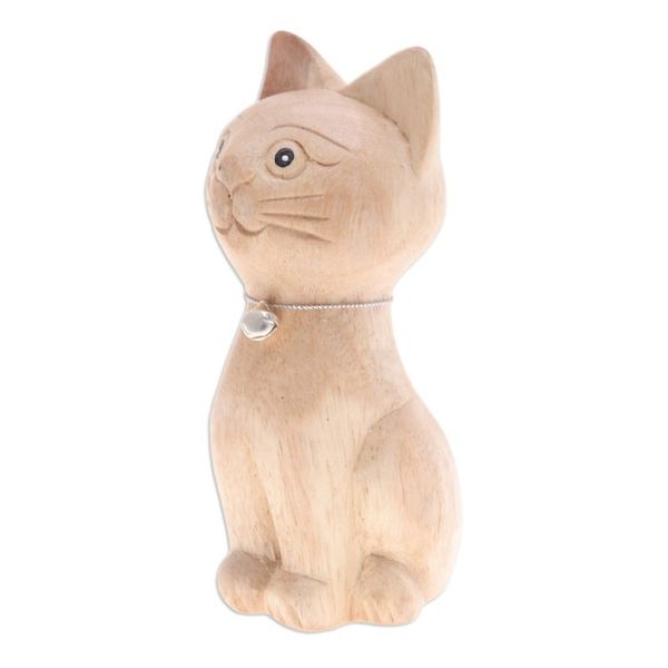 Alternate image for Hand-Carved Raintree Wood Cat Figurine with Aluminum Bell Feline Melody