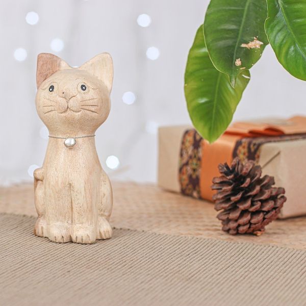 Alternate image for Hand-Carved Raintree Wood Cat Figurine with Aluminum Bell Feline Melody