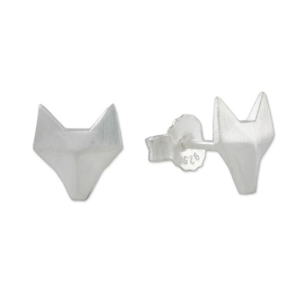 Alternate image for Geometric Fox Sterling Silver Stud Earrings from Thailand Fox Lover
