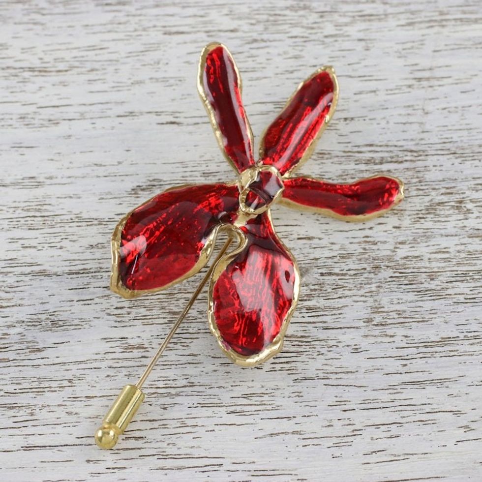 Gold Plated Natural Orchid and Gold Plated Brass Stickpin 'Chiang Mai Orchid'