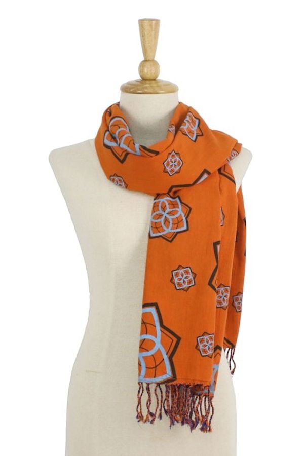 Alternate image for Orange and Indigo Cotton Floral Scarf Handmade in Thailand Radiant Bloom