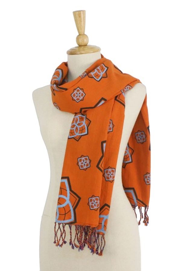Alternate image for Orange and Indigo Cotton Floral Scarf Handmade in Thailand Radiant Bloom
