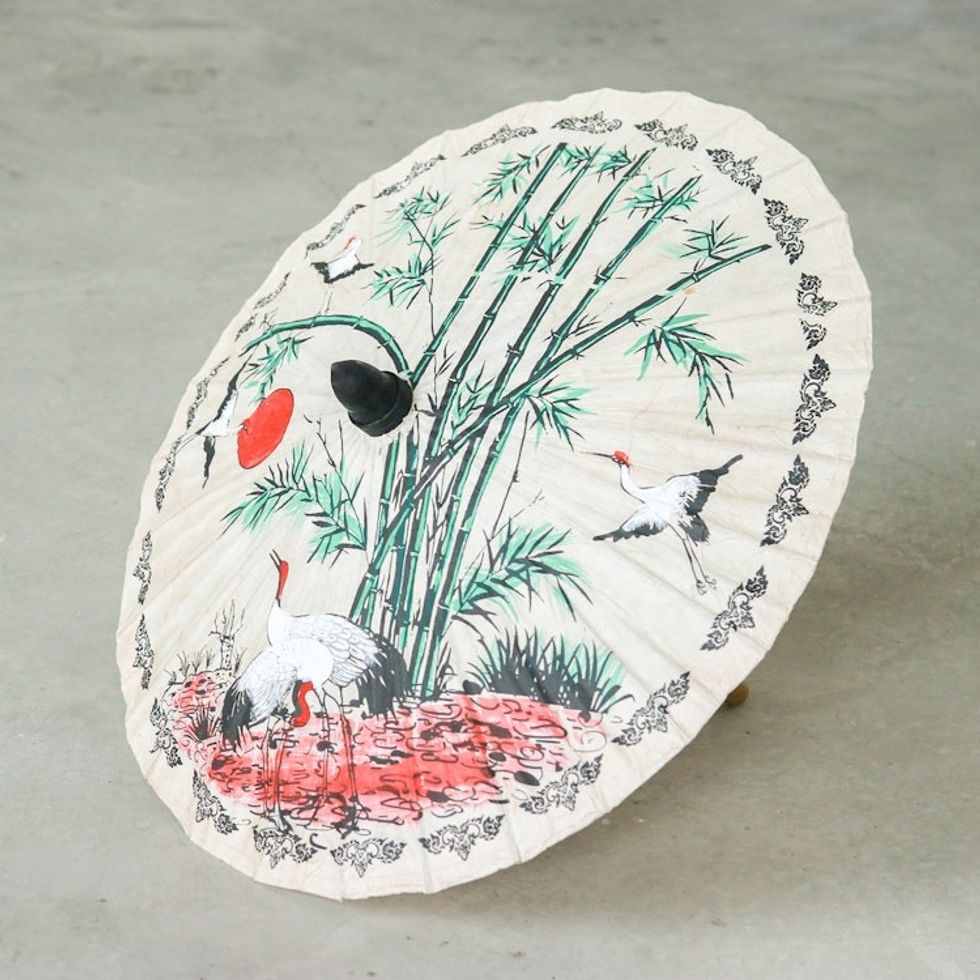 Paper And Bamboo Parasol with Asian Crane Motif 'Crane Morning'