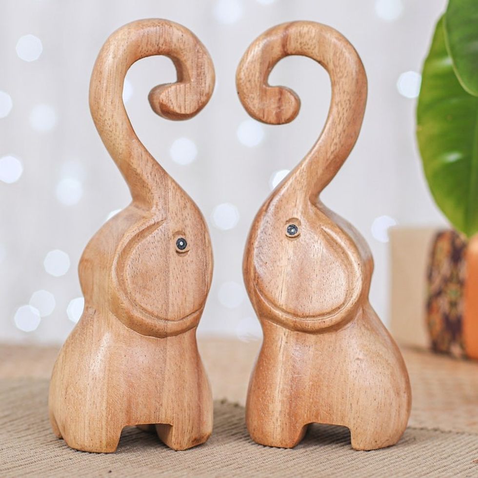 Set of 2 Handmade Romantic Elephant Raintree Wood Sculptures 'Twin Elephant Heart'