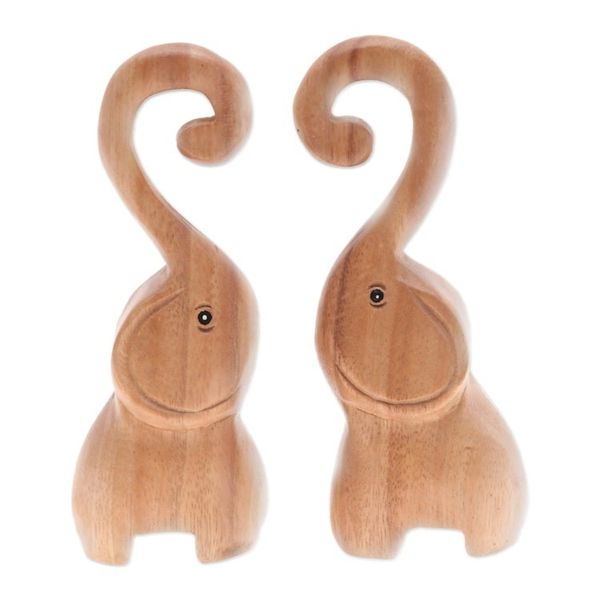 Alternate image for Set of 2 Handmade Romantic Elephant Raintree Wood Sculptures Twin Elephant Heart