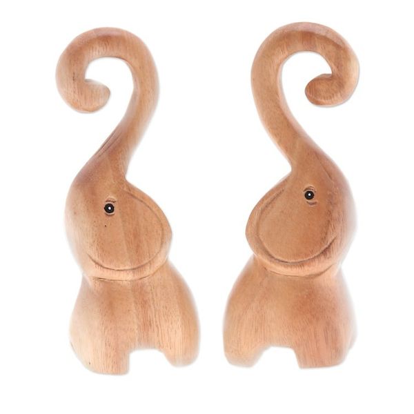 Alternate image for Set of 2 Handmade Romantic Elephant Raintree Wood Sculptures Twin Elephant Heart