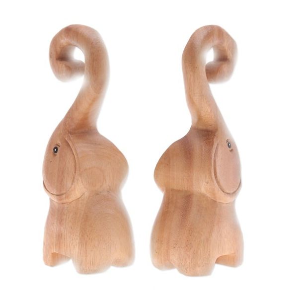 Alternate image for Set of 2 Handmade Romantic Elephant Raintree Wood Sculptures Twin Elephant Heart