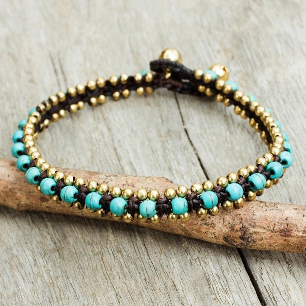 Hand Crocheted Anklet with Calcite and Brass Beads and Bells 'Tinkling Bells'