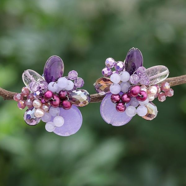 Alternate image for Amethyst and Cultured Pearl Cluster Clip-On Earrings Solaris in Purple