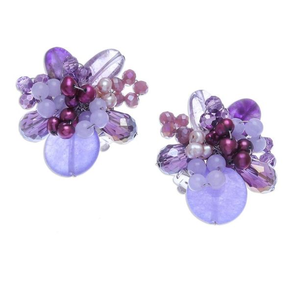 Alternate image for Amethyst and Cultured Pearl Cluster Clip-On Earrings Solaris in Purple